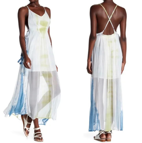 New Gypsy 05 Tie Dye Crinkle Open Back Tassel Lined Sheer Dress in ASAL SEA - Picture 2 of 5